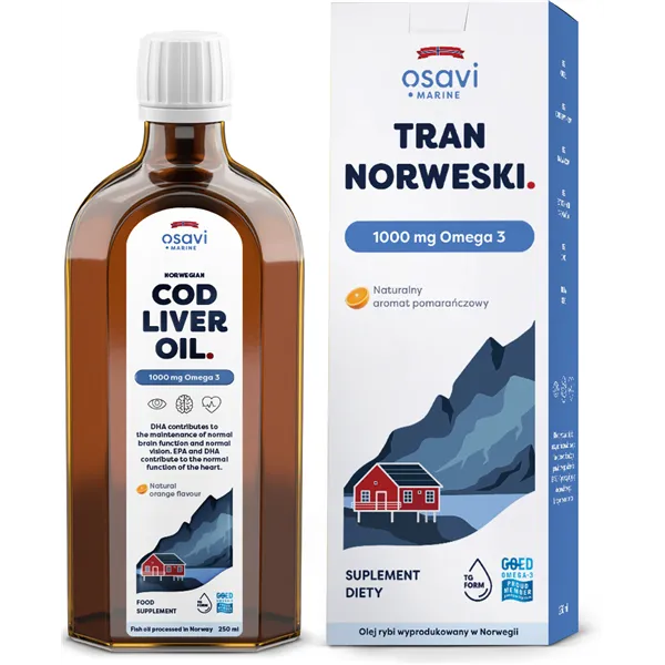 Tran Norweski, 1000mg Omega 3 (Pomarańcza) - 250 ml.