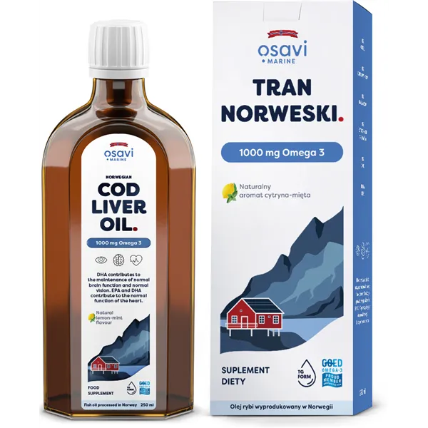 Tran Norweski, 1000mg Omega 3 (Cytryna - Mięta) - 250 ml.