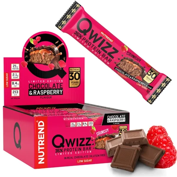 „Qwizz“ 35 % baltymų batonėlis, šokolado ir aviečių skonio – 12 x 60 g