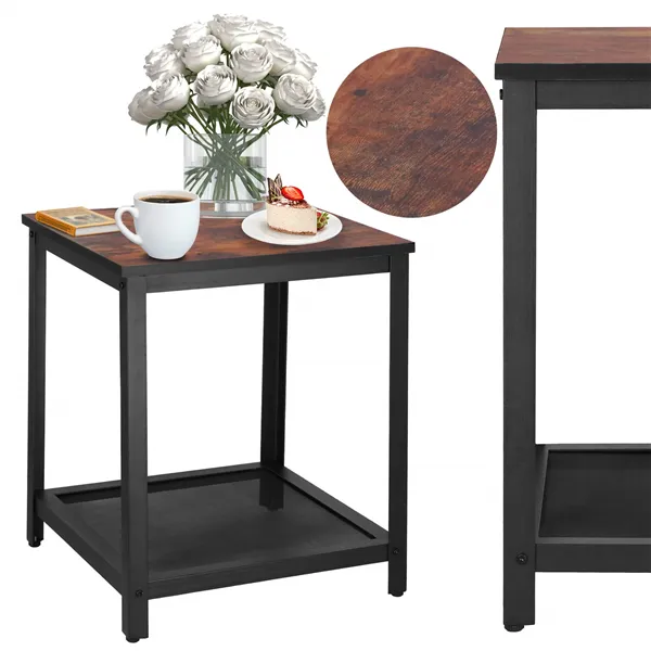 Nelikulmainen sohvapöytä hyllyllä Springos HF0026, 45x45x55 cm, loft-tyyli, musta/ruskea