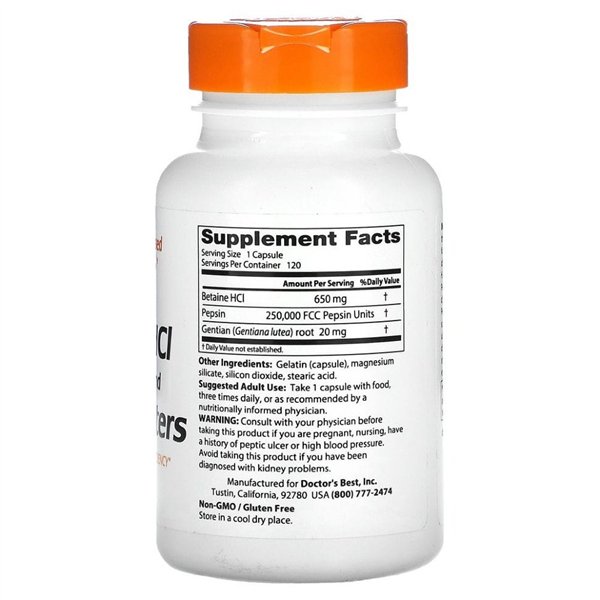 Betaiinihydrokloridi, pepsiini ja gentiankatkerot - 120 kaps.