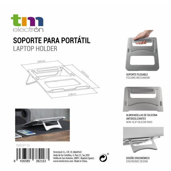 Nešiojamų kompiuterių stovas TM Electron Silikoninis Aliuminis Ergonomiškas 22,5 x 22,8 x 0,4 cm