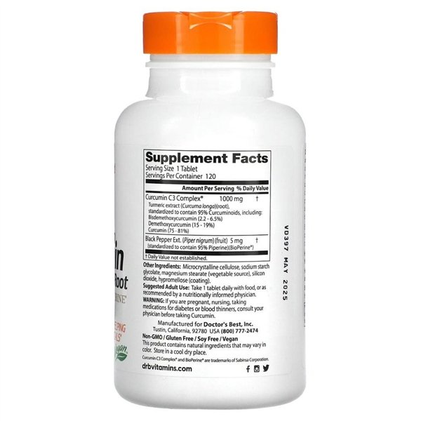 Korkeasti imeytyvä kurkumiini kurkuman juuresta, C3-kompleksi ja bioperini, 1000 mg - 120 tablettia