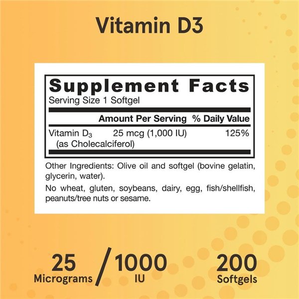 D3 vitamīns, 25 mcg - 200 mīkstās kapsulas | Pirkt tiešsaistē — Megaluks