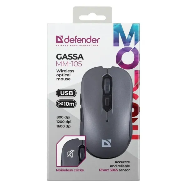 Wireless Mouse Defender GASSA MM-105 RF SILENT Grey 1600 dpi