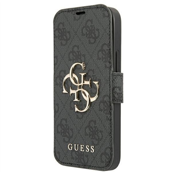 „Guess“ iPhone 13 Pro / 13 6,1 colio dėklas GUBKP13L4GMGGR pilkas knygų dėklas 4G su dideliu metaliniu logotipu