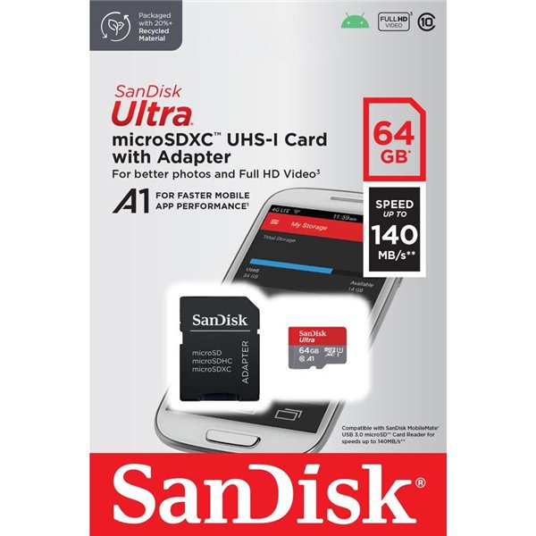 SanDisk Ultra Android microSDXC -muistikortti 64GB 140MB/s A1 Cl.10 UHS-I + adapteri