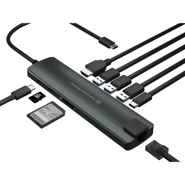 USB šakotuvas Conceptronic 110515507101 Aliuminis Pilka 9 viename