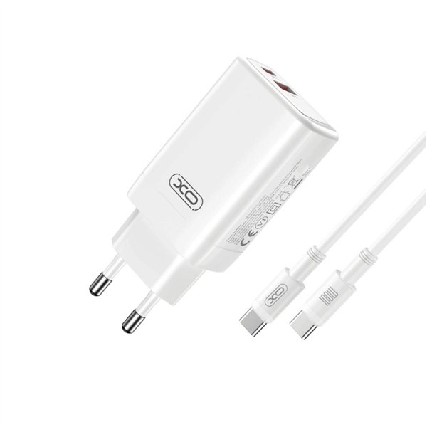 XO sieninis įkroviklis CE17 PD 65W 1x USB-C 1x USB baltas + laidas USB-C - USB-C