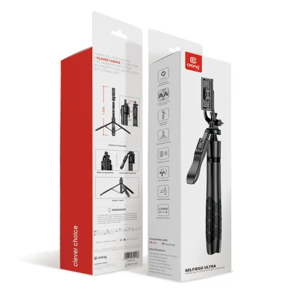 Crong SelfieGo Ultra – Aluminum Bluetooth Selfie Stick Tripod (Black)