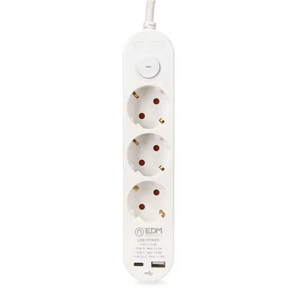3 kištukų lizdas su maitinimo jungikliu EDM 41822 Balta 3680 W 250 V 30 W (1,5 m)