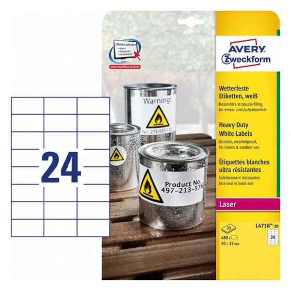 Uzlīmes Avery 20 Loksnes Balts 70 x 37 mm