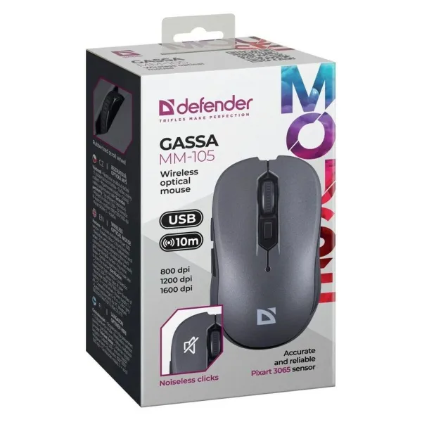 Langaton hiiri Defender GASSA MM-105 RF SILENT Harmaa 1600 dpi