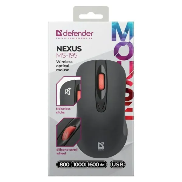 Optiskā Bezvadu Pele Defender NEXUS MS-195 RF Melns 1600 dpi