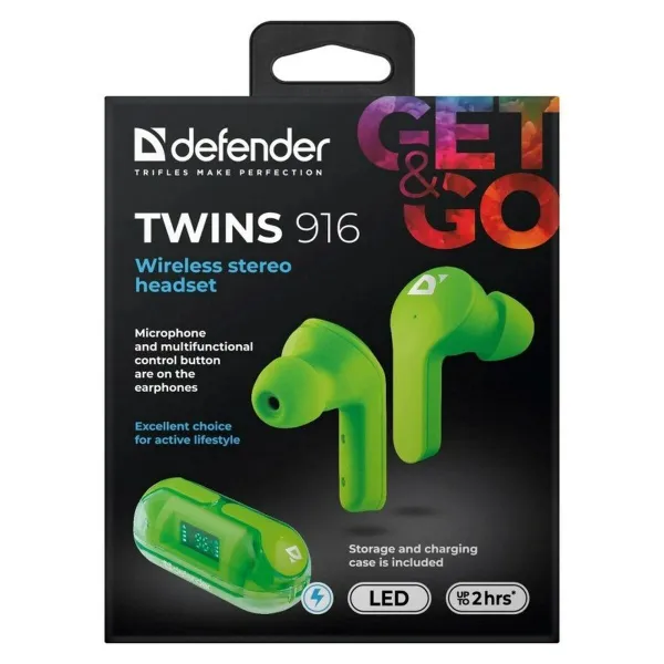 Bevielės ausinės su krovimo dėklu Defender TWINS 916 Žalia