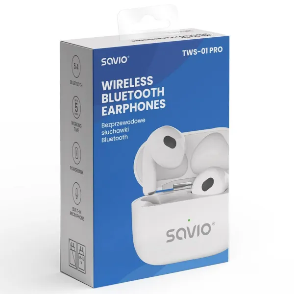 Belaidės ausinės Savio TWS-01PRO Balta