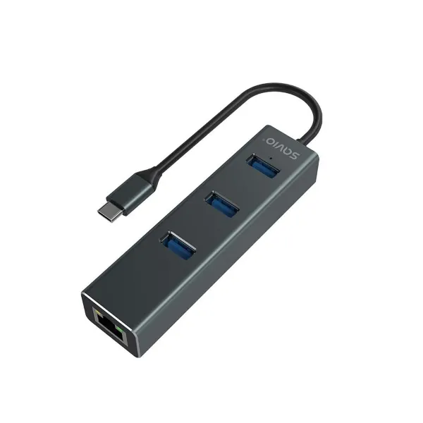 4 lizdų USB-C šakotuvas Savio AK-57 Ethernet (RJ-45) Pilka