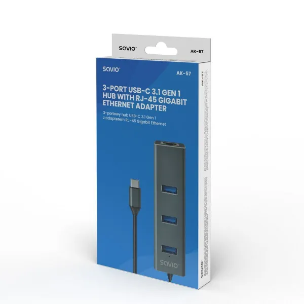 4 lizdų USB-C šakotuvas Savio AK-57 Ethernet (RJ-45) Pilka