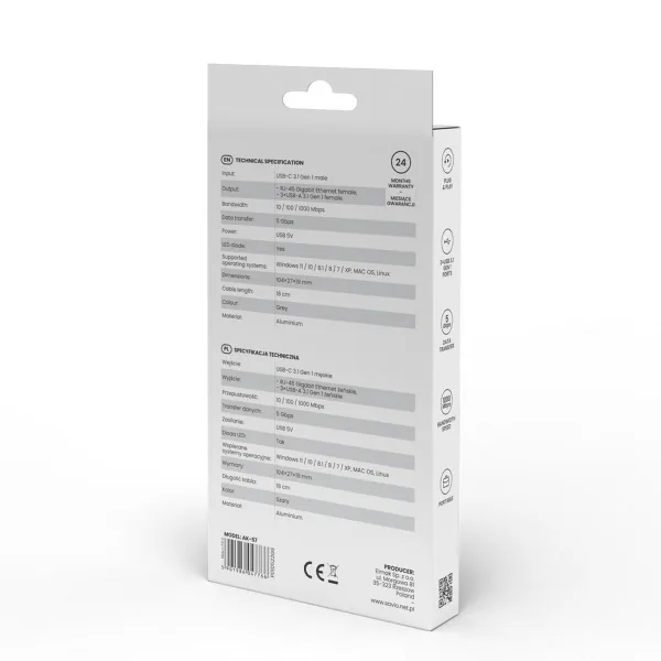 4 lizdų USB-C šakotuvas Savio AK-57 Ethernet (RJ-45) Pilka