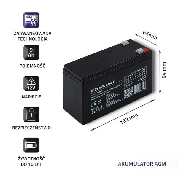 Baterija Nepertraukiamo Maitinimo šaltinio Sistema UPS Qoltec 53031 9 Ah 12 V