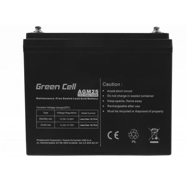 Baterija Nepertraukiamo Maitinimo šaltinio Sistema UPS Green Cell AGM25 75 Ah 12 V