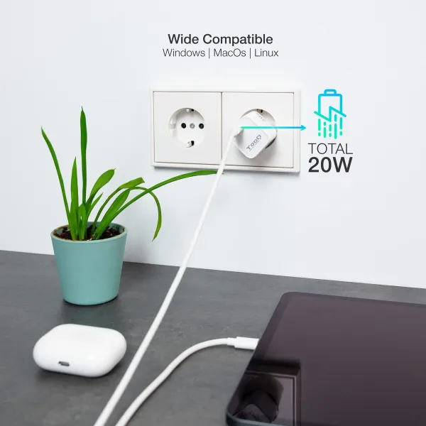 Sieninis įkroviklis TooQ TQWC-PD20WT Balta 20 W (1 vnt.)