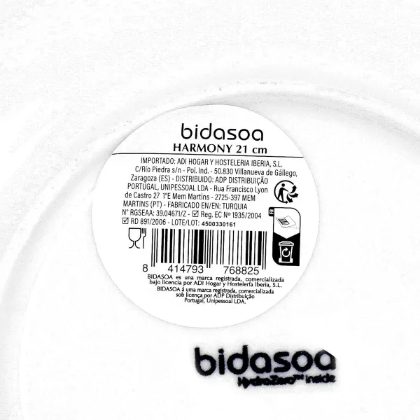 Flat Plate Bidasoa Harmony Hydrozero White Ceramic Ø 21 cm (6 Units)