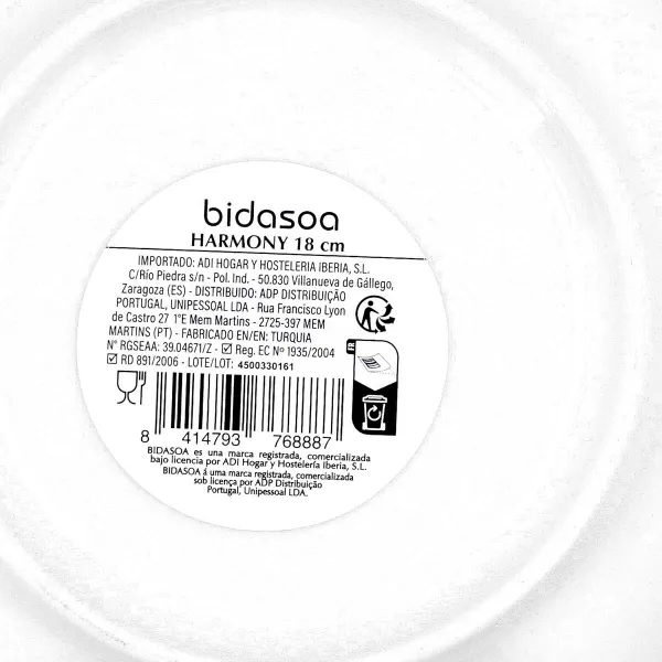 Snack Bowl Bidasoa Harmony Hydrozero White Ceramic (6 Units)