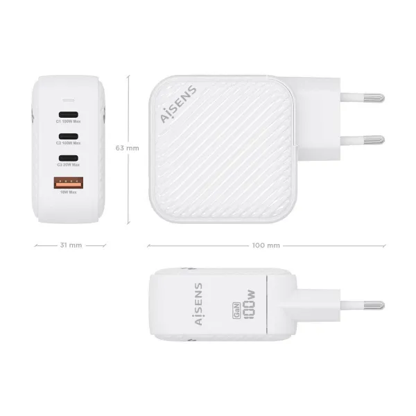 Sieninis įkroviklis Aisens ASCH-100W4P028-W Balta 100 W (1 vnt.)