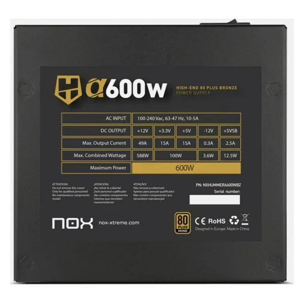 Maitinimo blokas Nox-Xtreme Hummer Alpha 600 W ATX 80 Plus Bronze RoHS CE