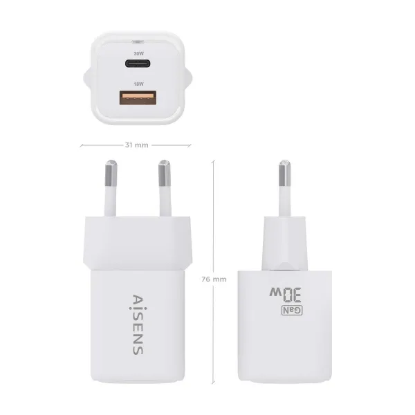 Sieninis įkroviklis Aisens ASCH-30W2P020-W Balta 30 W (1 vnt.)