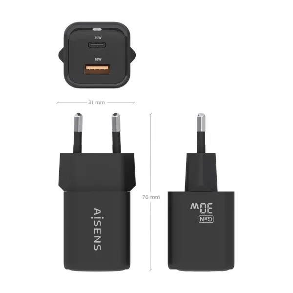Sieninis įkroviklis Aisens ASCH-30W2P021-BK Juoda 30 W (1 vnt.)