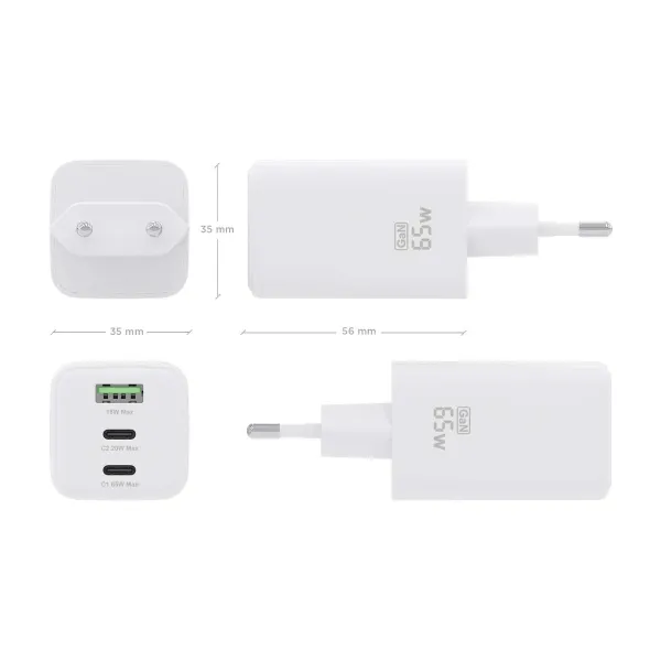 Sieninis įkroviklis Aisens ASCH-65W3P041-W Balta 65 W (1 vnt.)
