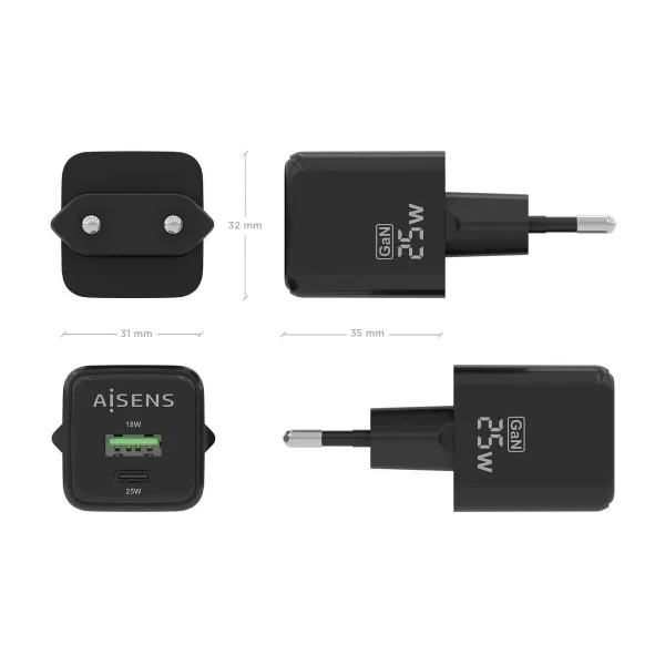 Sieninis įkroviklis Aisens ASCH-25W2P015-BK Juoda 25 W