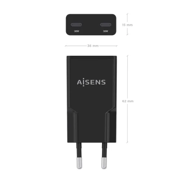 Sieninis įkroviklis Aisens ASCH-30W2P049-BK Juoda 30 W