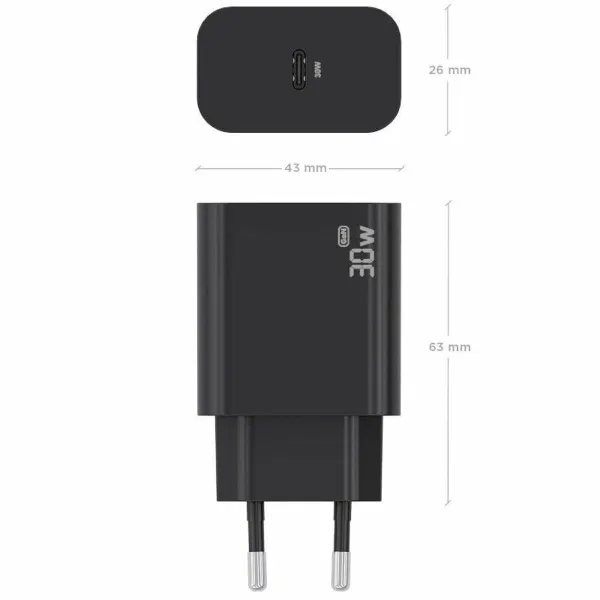 Sienas Lādētājs Aisens GAN 30W 1XUSB-C PD3.0 CHAR Melns 33 W 50 W