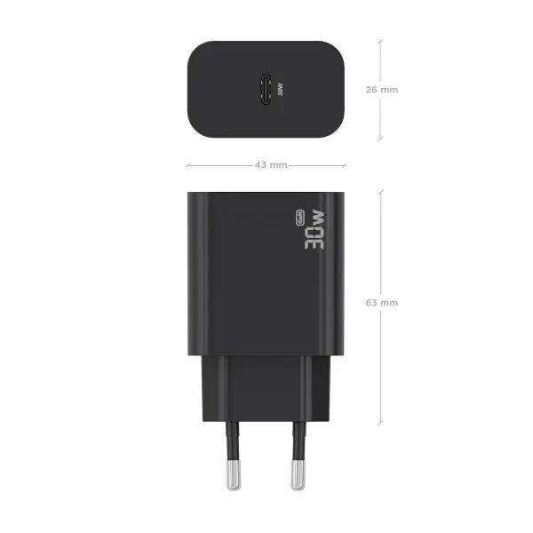Sienas Lādētājs Aisens GAN 30W 1XUSB-C PD3.0 CHAR Melns 33 W 50 W