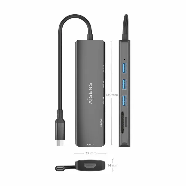 USB Centrmezgls Aisens USB-C DOCK 6 EN 1 Pelēks
