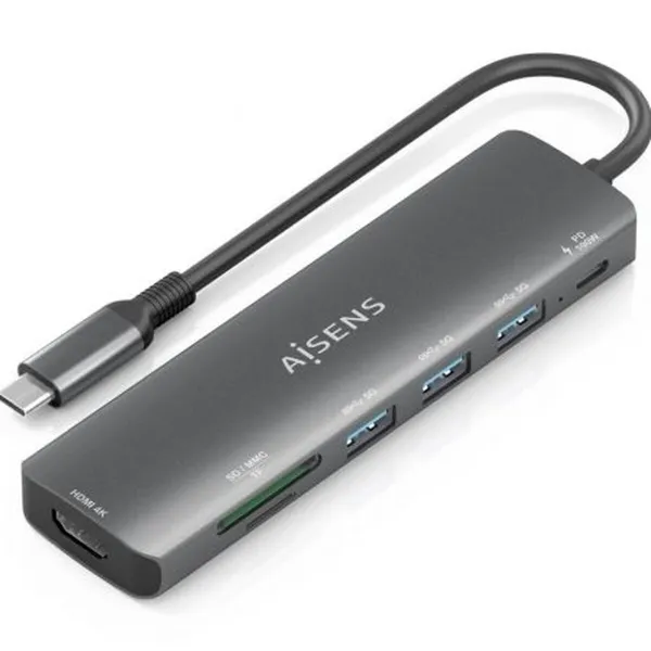 USB Centrmezgls Aisens 7 EN 1 Pelēks 100 W