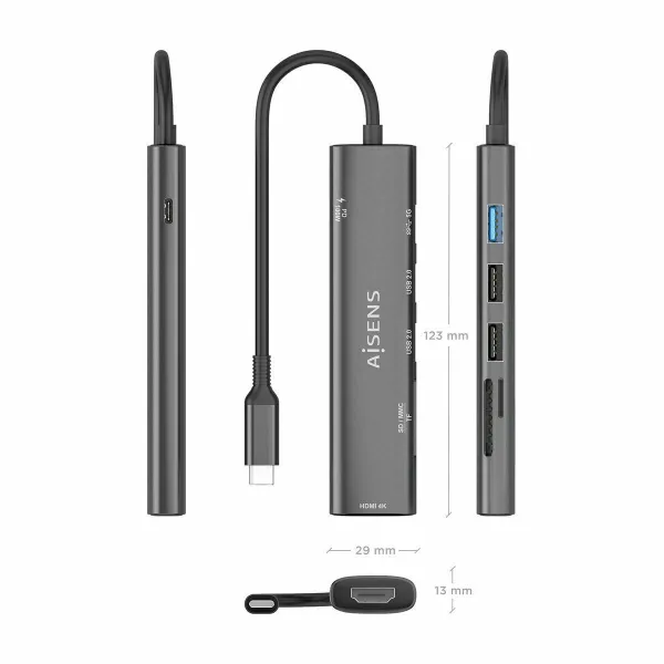 USB Centrmezgls Aisens 7 EN 1 Pelēks 100 W