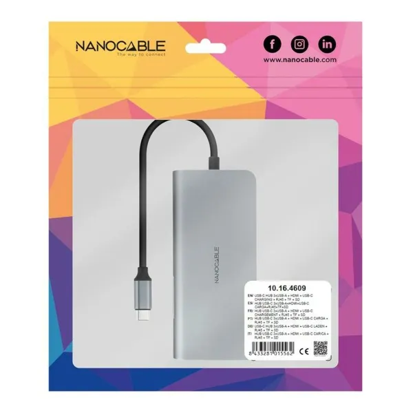 USB-keskitin NANOCABLE Hub 8en1 Harmaa 18 cm