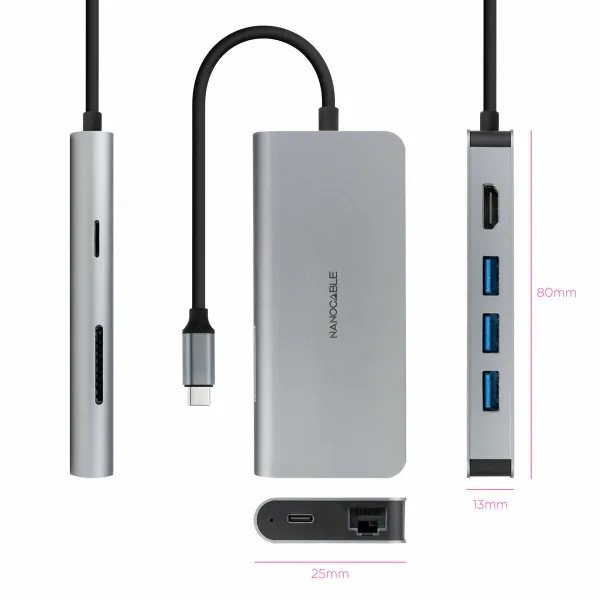 USB-keskitin NANOCABLE Hub 8en1 Harmaa 18 cm