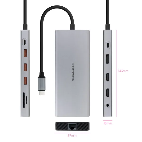 USB-keskitin NANOCABLE Hub 12en1 Harmaa 18 cm
