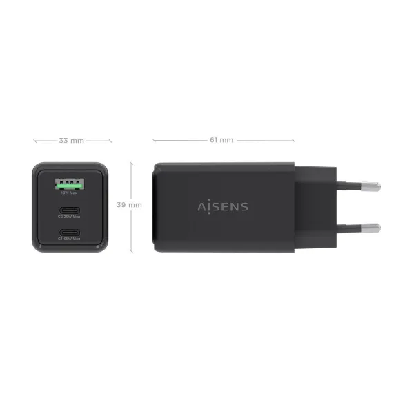 Sieninis įkroviklis Aisens ASCH-65W3P073-BK Juoda