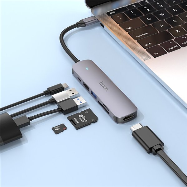 Adapteris Hoco HB28 Type-C Multi-Function Converter HDMI+USB3.0+USB2.0+SD+TF+PD pilkas