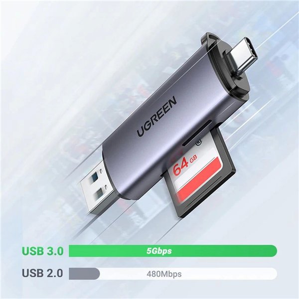 Memory card reader Ugreen CM185 USB-A 3.0/USB-C 3.1 to TF/SD (50706) grey