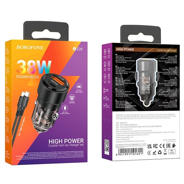 Car charger Borofone BZ20 PD20W+QC3.0 38W + Type-C black