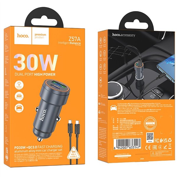 Car charger Hoco Z57A 30W USB-C/USB-A + USB-C to USB-C cable 1.0m grey