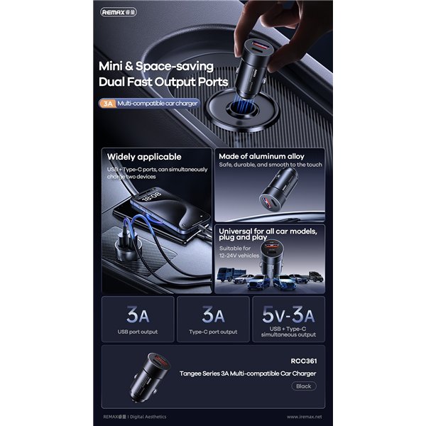 Car charger Remax RCC361 15W USB-C/USB-A black