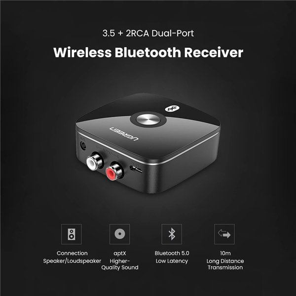 Bluetooth adapter receiver Ugreen CM106 2xRCA/AUX Bluetooth 5.1 black